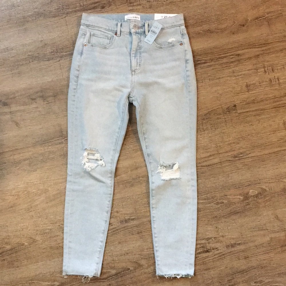 LOFT HIGH WAIST SKINNY ANKLE DISTRESSED JEANS WITH FRAYED EDGE HEM